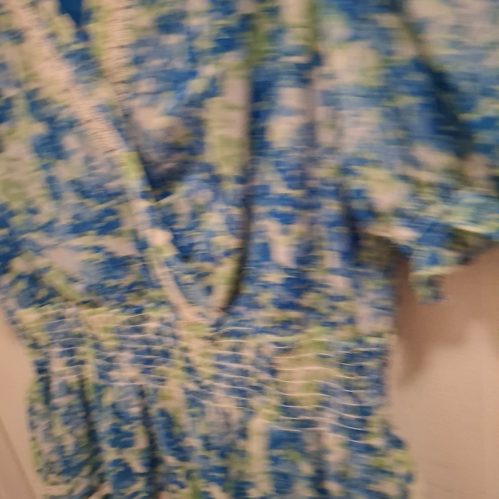 TAYLOR Women's Floral‎ Dress Blue Green Short Sleeve Smocked Waist Tiered Sz 16 - Picture 5 of 12